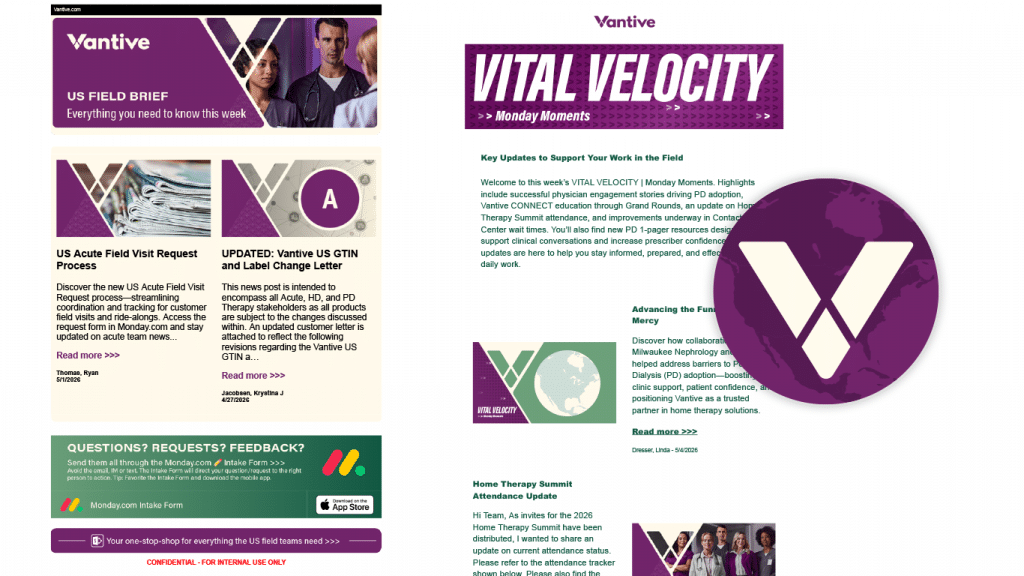 Vantive Healthcare internal email messaging to raise awareness of employees to both critial news and personal and corporate 'wins'